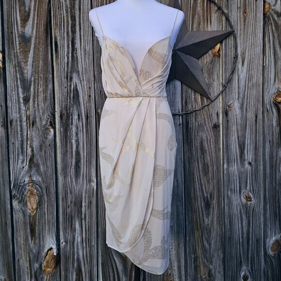Draped Wrap Dress Free People Size 4 Cream Mesh Gold Foil Sweetheart Sleeveless - Picture 3 of 9